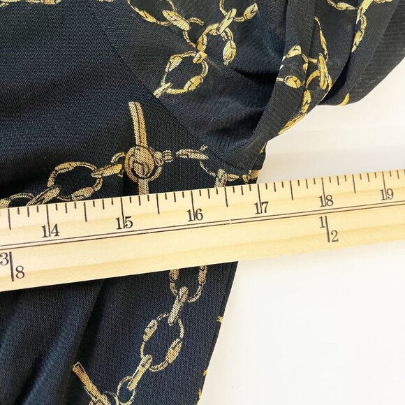 Vintage Y2K Black & Gold Chain Link Print Mesh Long Sleeve V-Neck Top MEDIUM - Picture 6 of 7